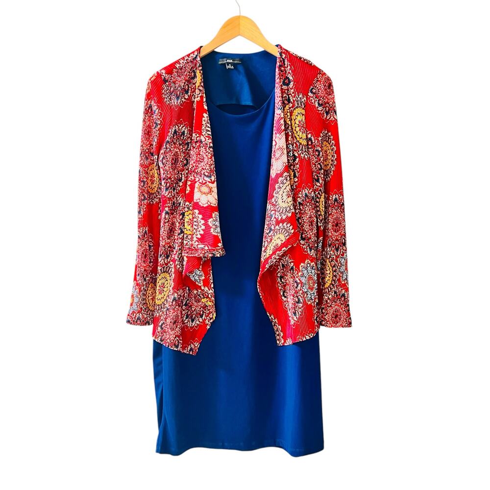 R&K Printed Faux Jacket Dress Size 18 Orange Blue